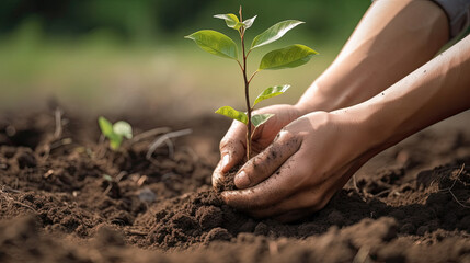 Fototapeta premium Close-up of human hands planting a tree in the ground. Generative AI