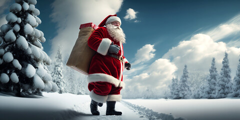 feierlicher Weihnachtsmann mit Sack voller Geschenke im Winterwald, generative AI - obrazy, fototapety, plakaty