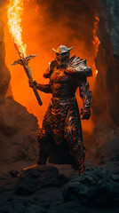 Fototapeta na wymiar Illustration of a mystical knight, a monster made of hot liquid lava, wearing medieval armor and weapons. Standing on a volcanic rock, he shows his strength. Generative ai
