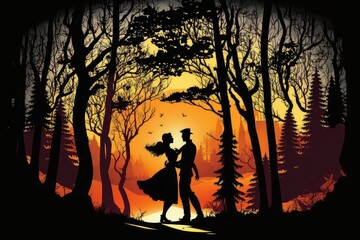 Naklejka na ściany i meble forest with dancing tango couple silhouetted against the sunset, created with generative ai