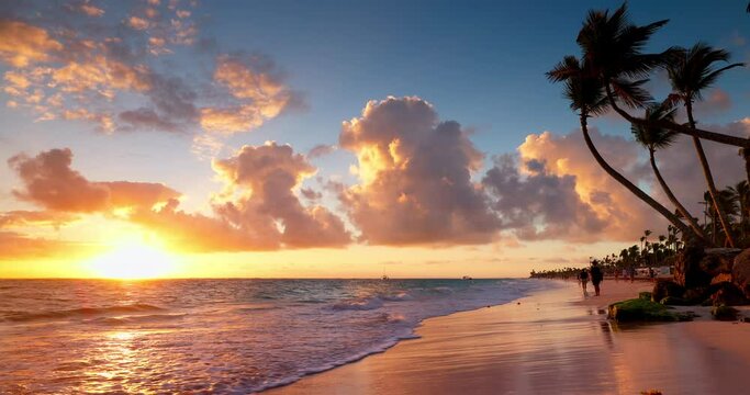 Tropical beach shore and golden sea sunrise over ripple water