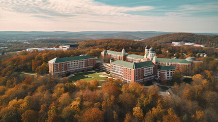A mesmerizing birds-eye view of a university campus, showcasing its architectural variety and serene setting
