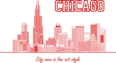 Fototapeta premium chicago city view in line art style (red)