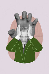 Vertical artwork collage image of mini black white effect grandfather headache pain big arm...
