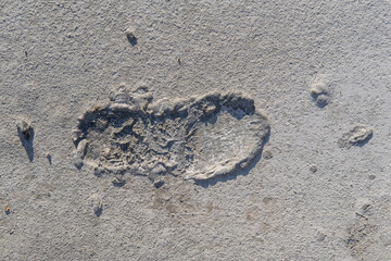 The footprint of a shoe on a gray background of cracked cement interspersed with grains of sand, streaks.