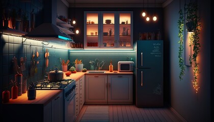 Modern interior style kitchen at night with string of lights. Generative AI