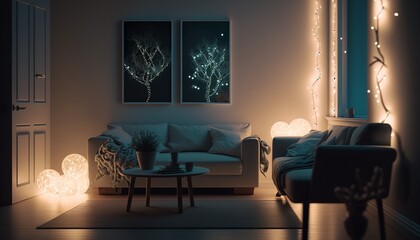 Modern minimalistic interior style living room at night with sofa, pillows and string of lights. Generative AI