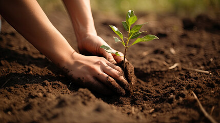 Close-up of human hands planting a tree in the ground. Generative AI