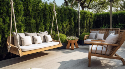 beautiful big terrace with a comfortable leisure sofa with cushion - obrazy, fototapety, plakaty