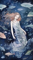 watercolor illustration of a pretty woman sleeping under water on ocean floor among fish, fantasy dreamy concept background wallpaper, Generative Ai