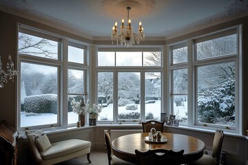 UPVC Double Glazed Bay Window in Harsh Weather Conditions, Generated by AI - obrazy, fototapety, plakaty