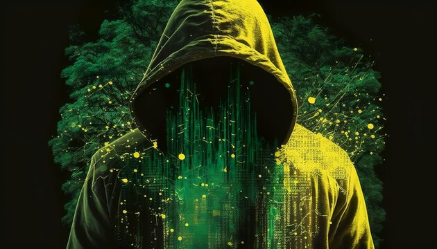 Hacker in hoodie and green and yellow color binary code double exposure. Generative AI