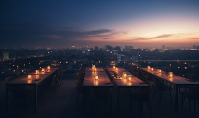 rooftop dinner bar and restaurant of building cityscape landscape, at summer twilight sunrise background, Generative AI 