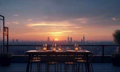 rooftop dinner bar and restaurant of building cityscape landscape, at summer twilight sunrise background, Generative AI 
