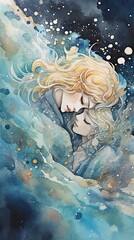 watercolor style illustration, lover couple is kissing underwater, fantasy dreamlike, atmosphere of deep water with fish and bubble, Generative Ai