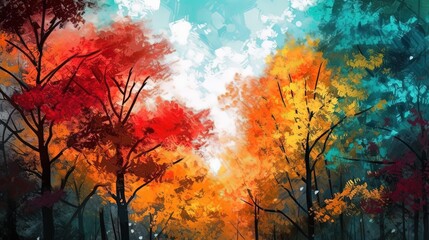 Naklejka na ściany i meble watercolor illustration of colorful tree in autumn landscape, idea for artistic background wallpaper, Generative Ai