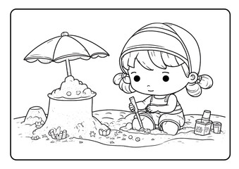 Coloring book page for children kids with cute cartoon vector illustration printable summer holiday beach vacation theme