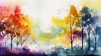 watercolor illustration of colorful  tree in autumn landscape, idea for artistic background wallpaper, Generative Ai