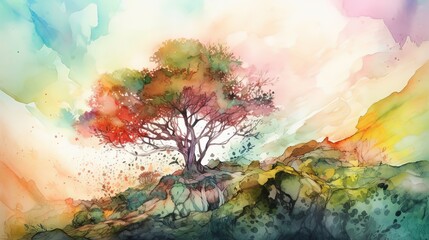 Obraz na płótnie Canvas watercolor illustration of colorful tree in autumn landscape, idea for artistic background wallpaper, Generative Ai