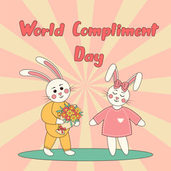 World compliment day. Bunny boy gives a bouquet of flowers bunny girl. Retro groovy 60s 70s cartoon flat style.