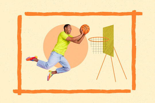 Creative concept abstract photo collage of happy handsome sporty man jumping throw ball into basket isolated on drawing background