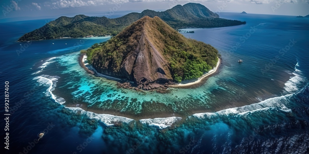 Poster view of the island in the middle of the sea with clear blue water and green palm trees.aerial view. 