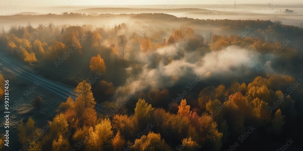 Poster View from the height of the railway with autumn trees in the fog.Aerial view. Panoramic shot. Generative AI
