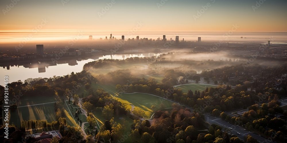 Aufkleber view from the height of the city in the fog.aerial view. panoramic shot. generative ai