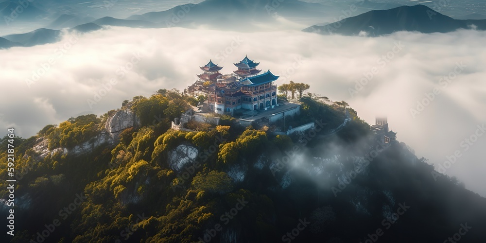 Poster View from the height of the building on the top of the mountain.Aerial view. Panoramic shot. Generative AI
