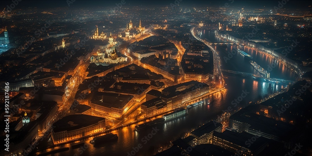 Poster view of the night city from a height.aerial view. panoramic shot. generative ai