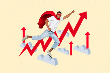 Abstract concept poster photo collage of strong powerful superhero man flying up self development...