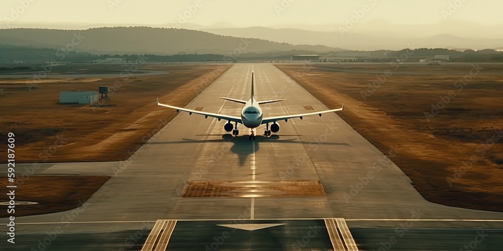 Poster view of the airport with a plane on the runway.aerial view. panoramic shot. generative ai