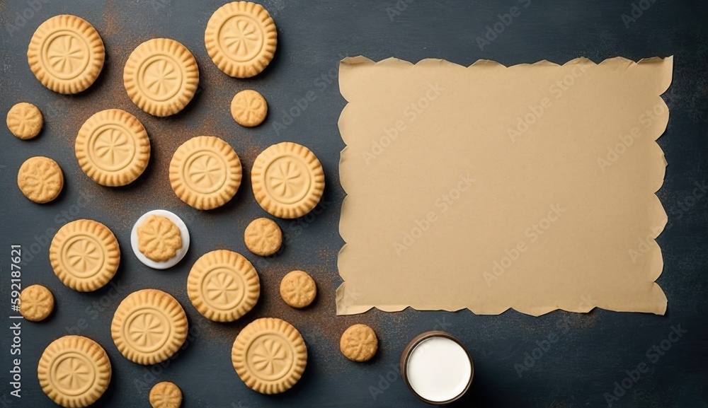 Poster baking paper with a cookie top view and plenty of writing area generative ai