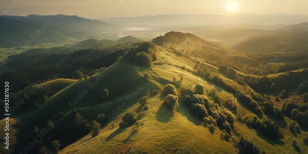 Poster A view from a height of a mountain peak with green trees in the fog.Aerial view. Panoramic shot. Generative AI