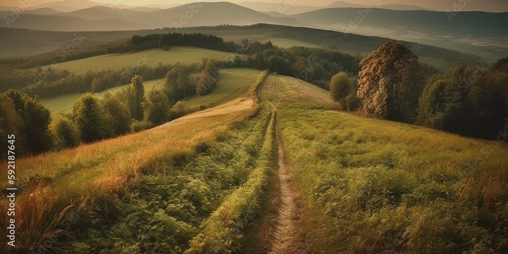 Poster Panoramic view from the height of green fields and meadows in summer.Aerial view. Panoramic shot. Generative AI
