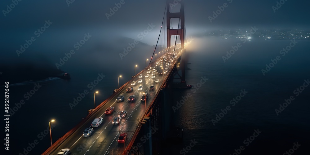 Poster View from the height of the bridge over the river.Aerial view. Panoramic shot. Generative AI