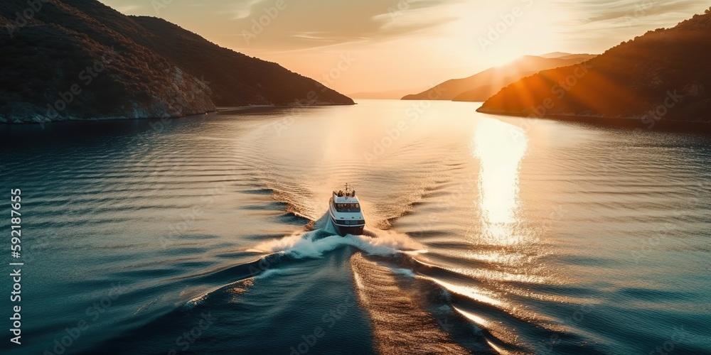 Poster a view from a height of a speedboat in clear blue water at sunset in summer.aerial view. panoramic s