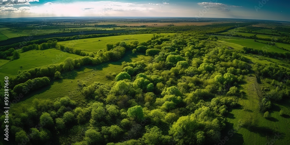 Poster View from the height of the forest and the lake in the middle of the forest.Aerial view. Panoramic shot. Generative AI