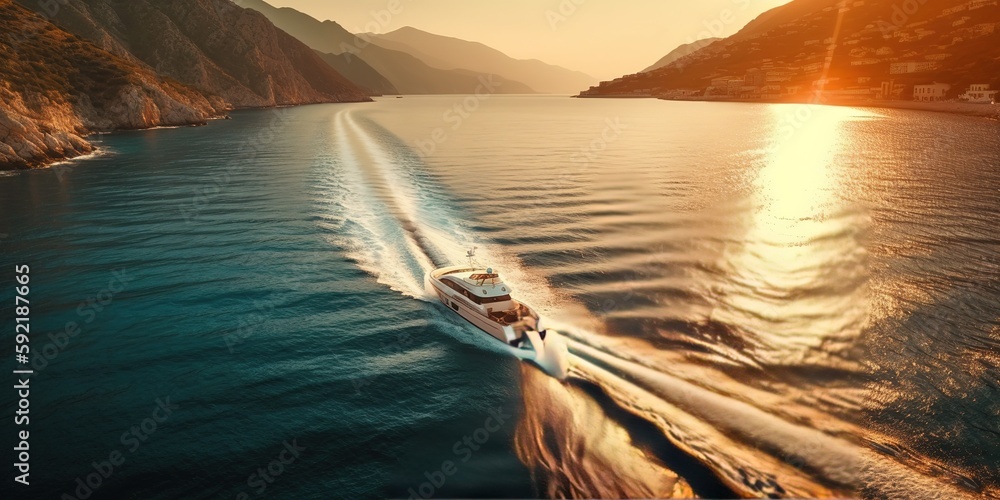 Poster a view from a height of a speedboat in clear blue water at sunset in summer.aerial view. panoramic s