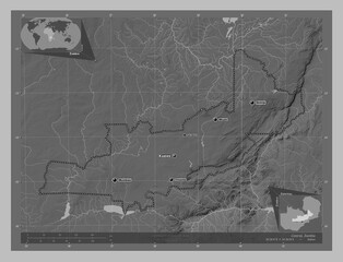Central, Zambia. Grayscale. Labelled points of cities