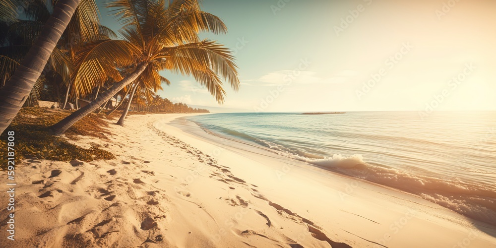 Poster top view of a beautiful tropical beach with sea waves.aerial view. panoramic shot. generative ai