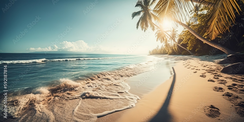 Poster top view of a beautiful tropical beach with sea waves.aerial view. panoramic shot. generative ai