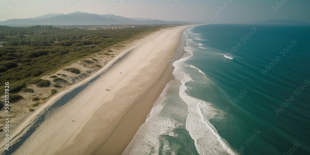 Aufkleber top view of a beautiful tropical beach with sea waves.aerial view. panoramic shot. generative ai