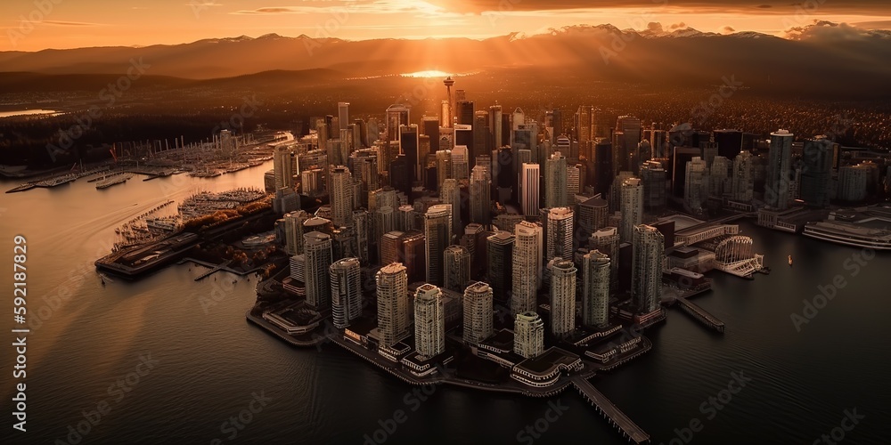 Poster view of the city from a height at dawn.aerial view. panoramic shot. generative ai