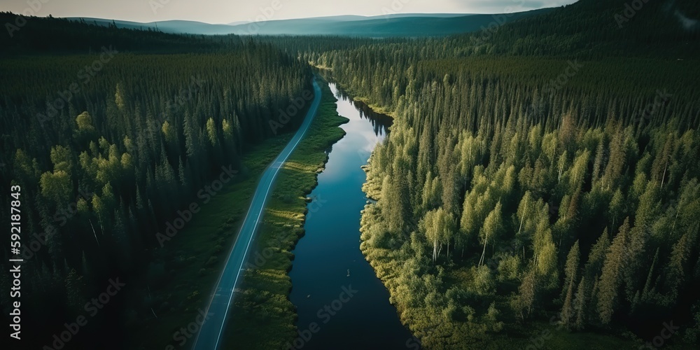 Poster View from the height of the forest and the river in the middle of the forest.Aerial view. Panoramic shot. Generative AI