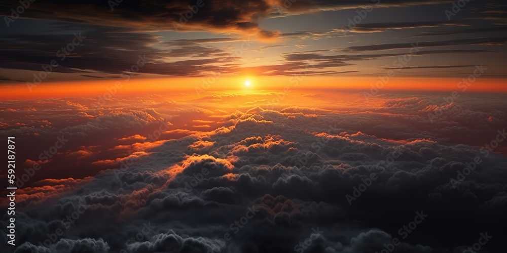 Poster View of the sunset with a cloudy sky from a height.Aerial view. Panoramic shot. Generative AI