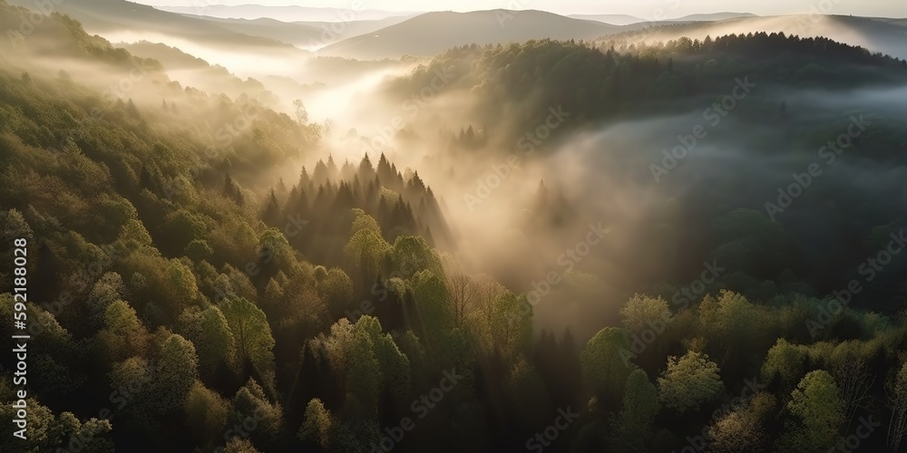 Poster View from the height of the forest in the fog.Aerial view. Panoramic shot. Generative AI