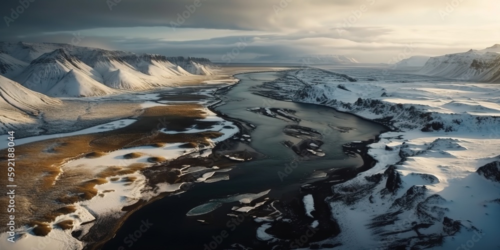 Poster View from the height of the river with ice mountain river.Aerial view. Panoramic shot. Generative AI