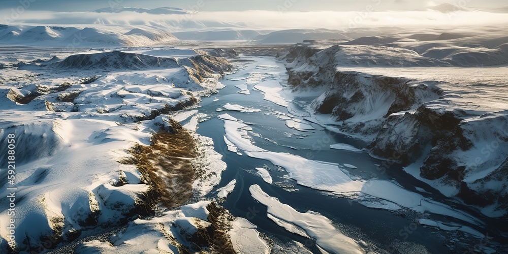 Poster View from the height of the river with ice mountain river.Aerial view. Panoramic shot. Generative AI