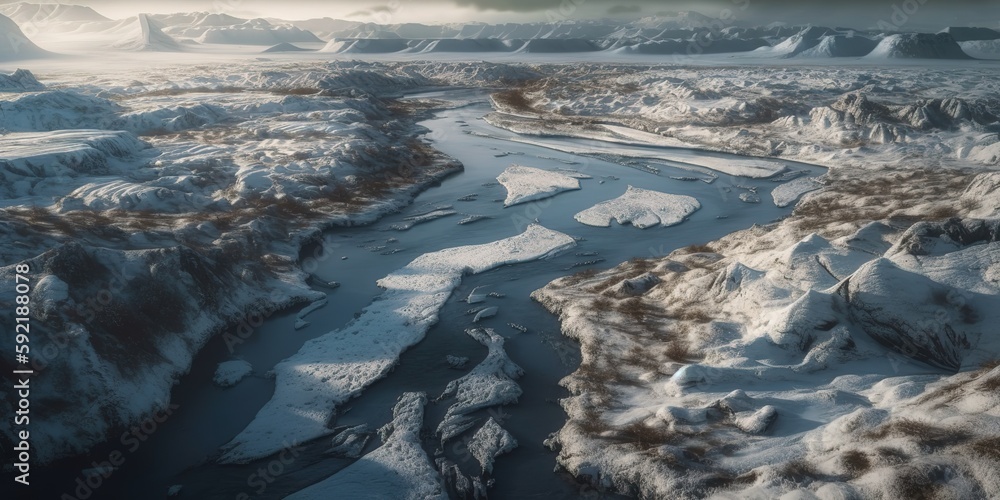 Poster View from the height of the river with ice mountain river.Aerial view. Panoramic shot. Generative AI